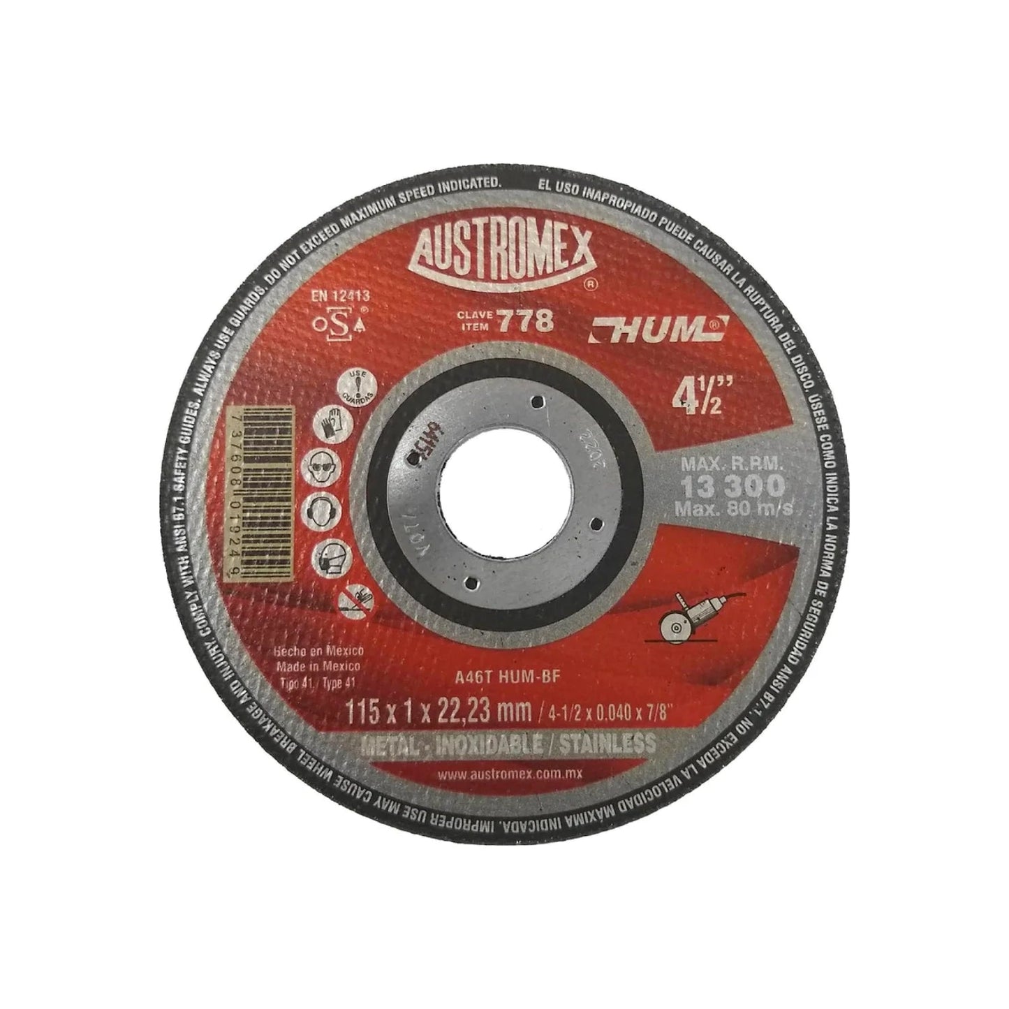 Disco de corte Austromex 778 para acero inoxidable y metal 4 1/2 pulgadas, máx 13300 RPM