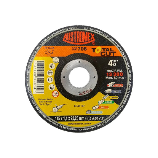 Disco de corte Austromex 708 TOTAL CUT 4 1/2" (115mm) multiconstrucción, 13300 RPM. Para metal, piedra, PVC.