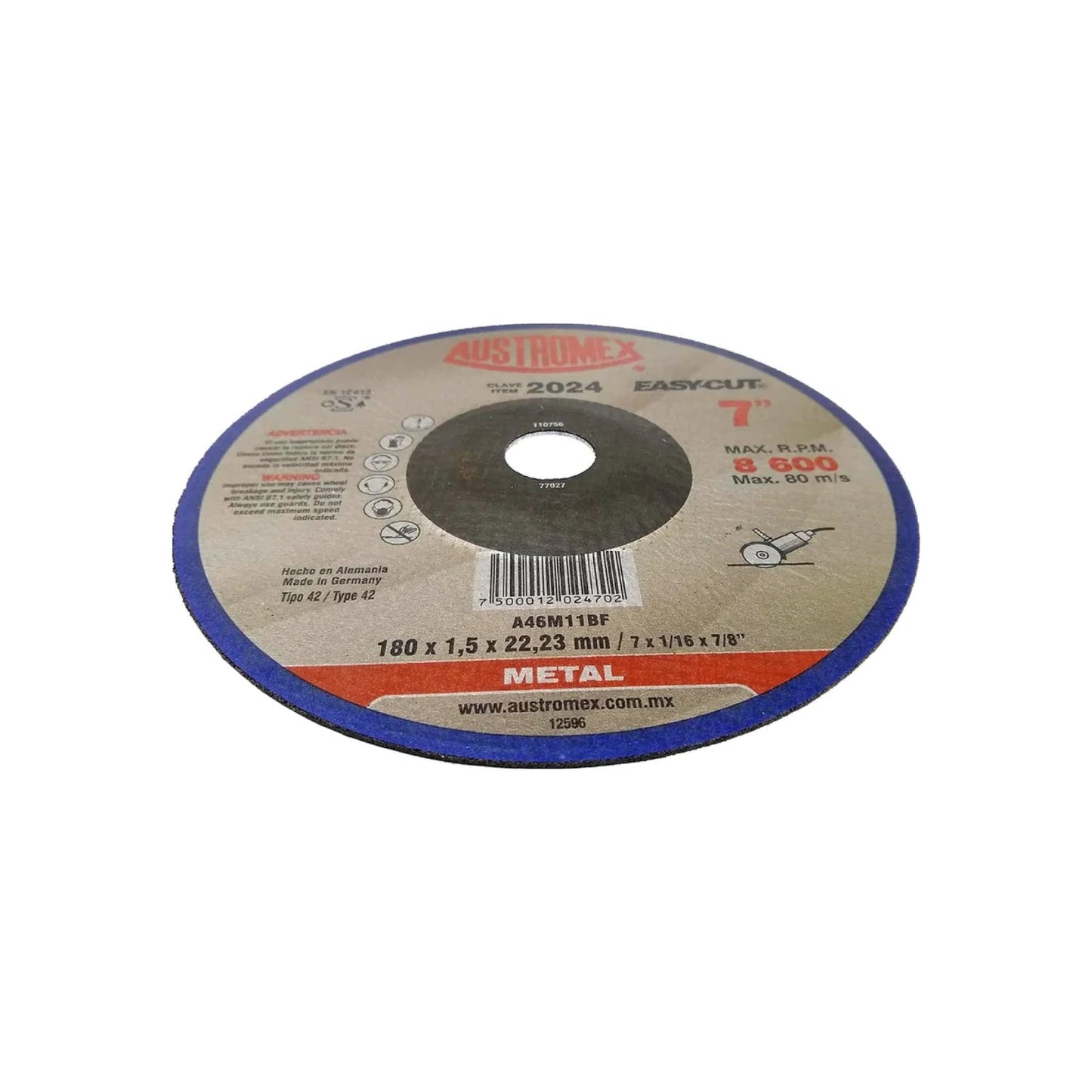 Disco de corte abrasivo Austromex 7" para metal (180mm), Easy Cut, 8600 RPM, borde azul.