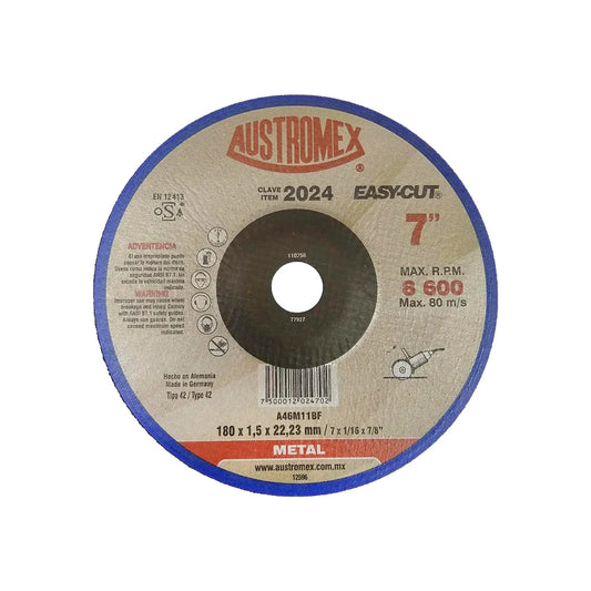 Disco de corte metal Austromex 2024 EASY-CUT 7 pulgadas, 180x1.5mm para esmeriladora 8600 RPM