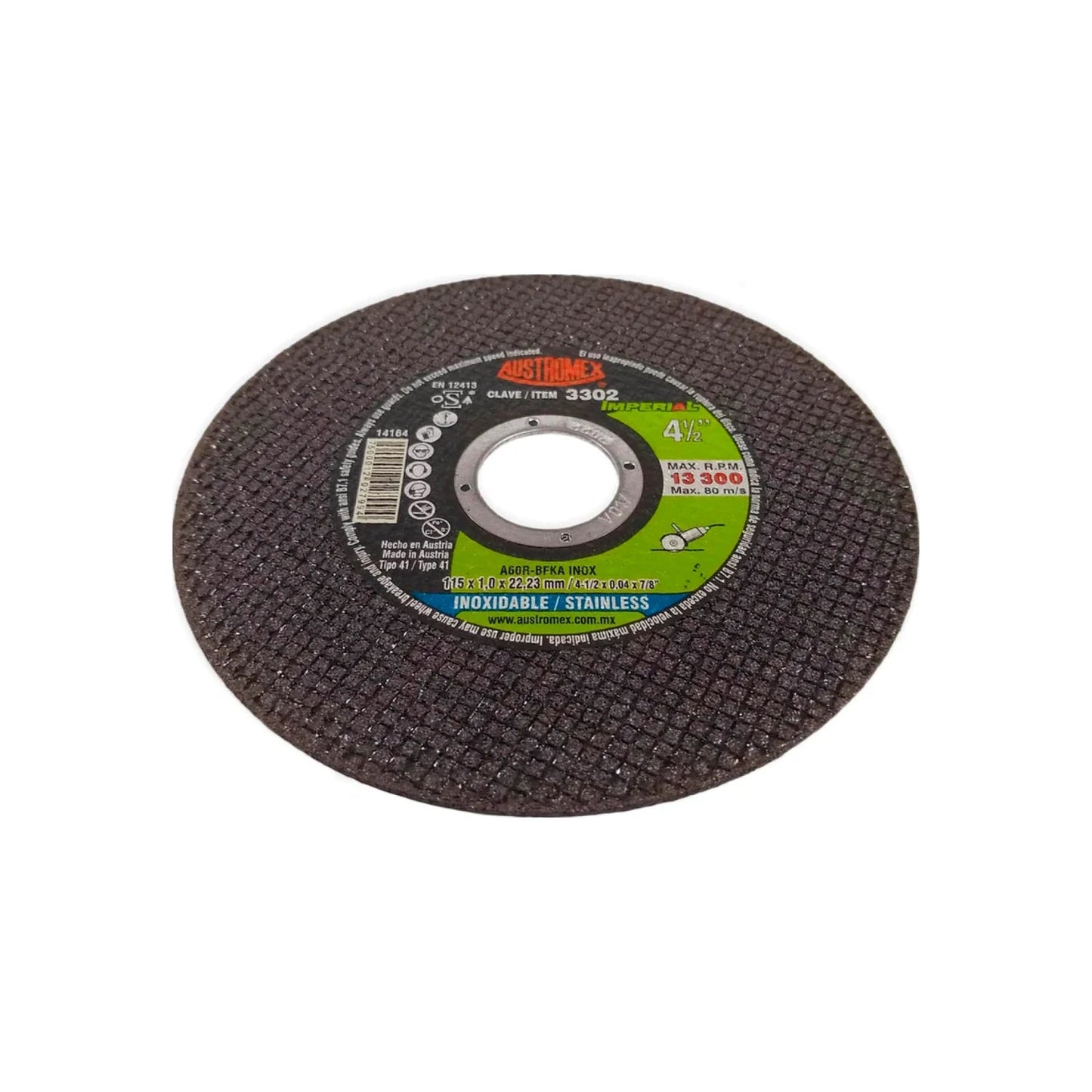 Disco de corte Austromex 4 1/2 pulgadas para acero inoxidable y metal, 13300 RPM