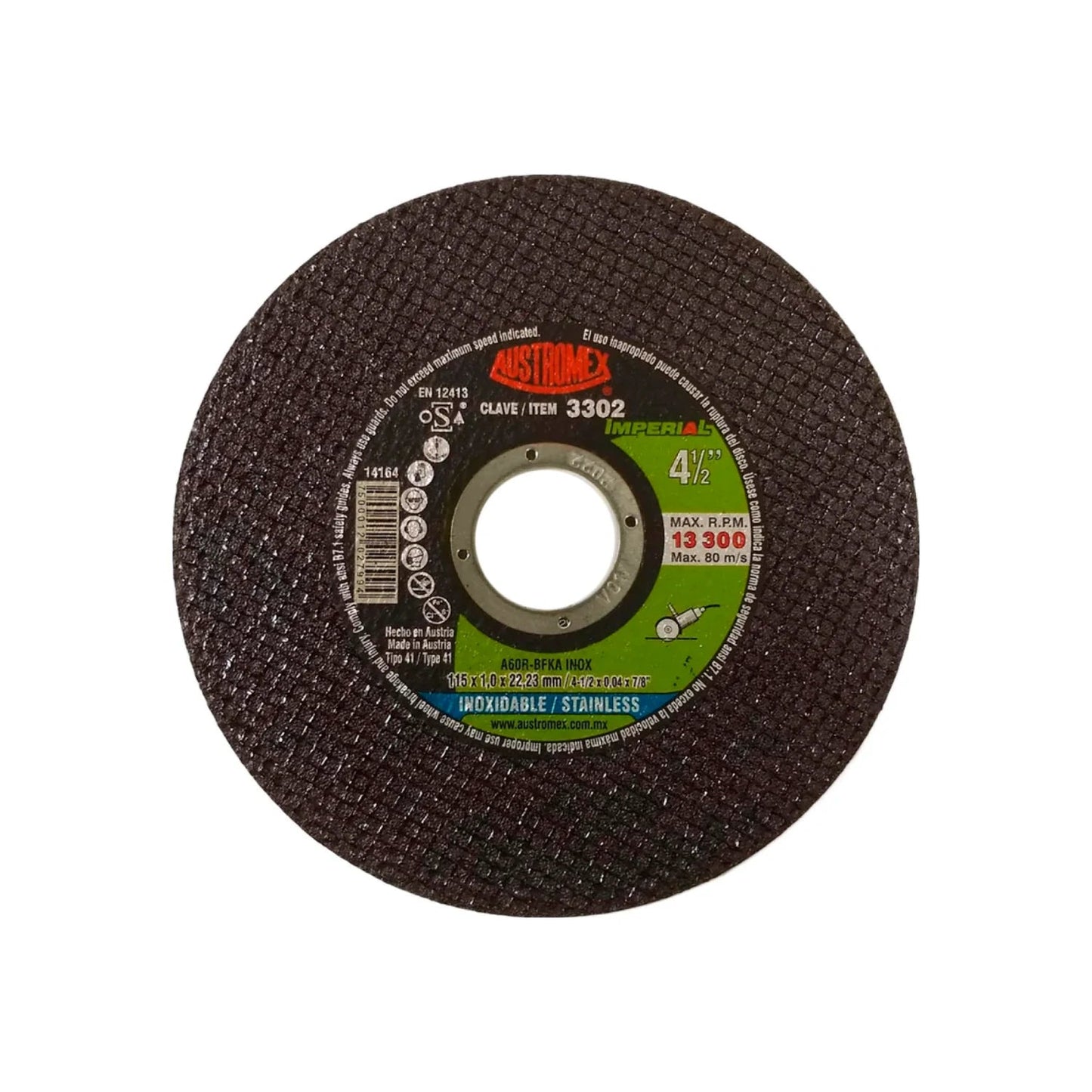Disco abrasivo Austromex 4 1/2" para corte de acero inoxidable (INOX), 115x1mm, 13300 RPM, marrón oscuro