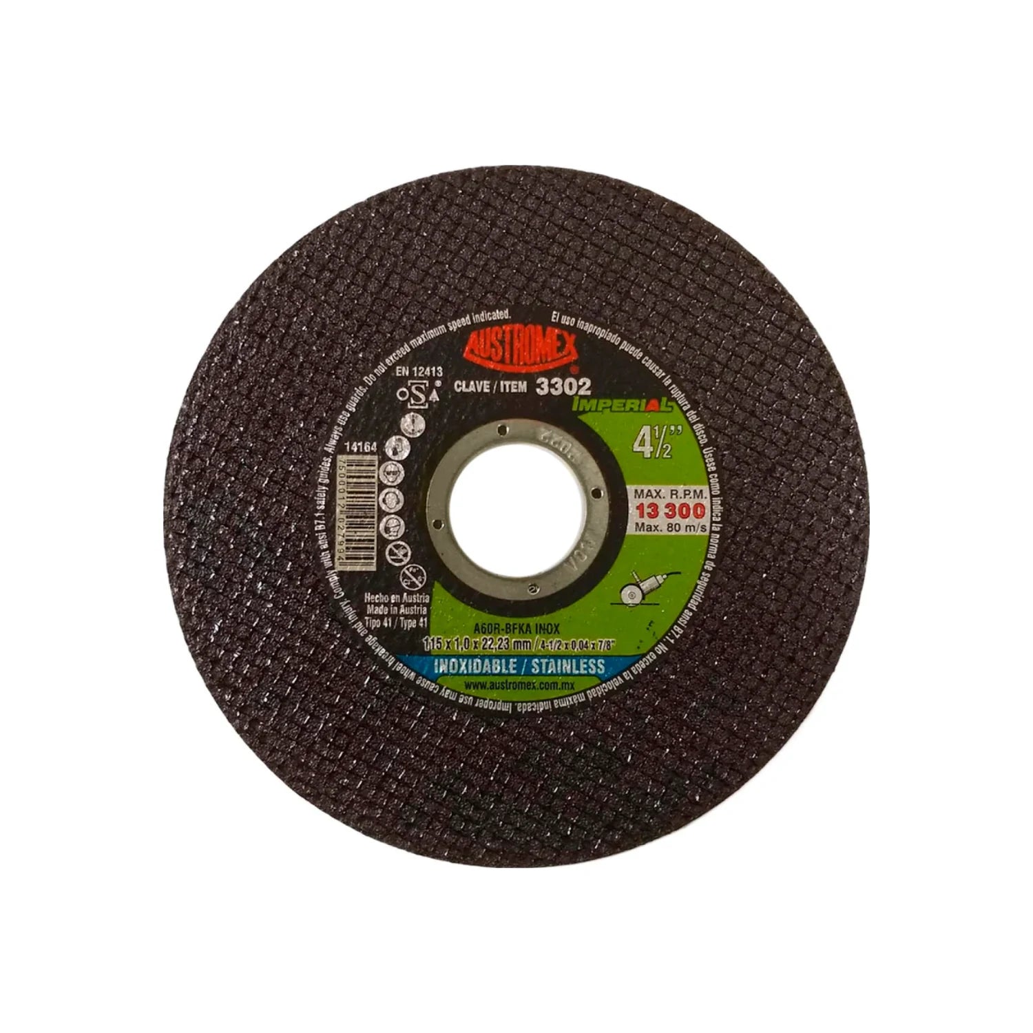 Disco abrasivo Austromex 4 1/2" para corte de acero inoxidable (INOX), 115x1mm, 13300 RPM, marrón oscuro