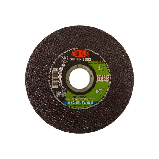 Disco abrasivo Austromex 4 1/2" para corte de acero inoxidable (INOX), 115x1mm, 13300 RPM, marrón oscuro