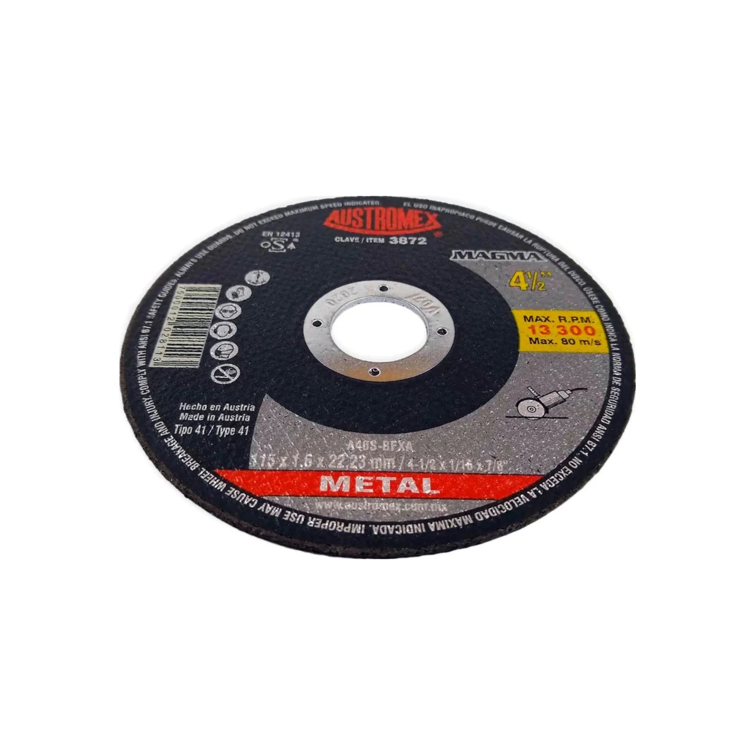 Disco de corte Austromex 4 1/2" para metal y acero inoxidable, 1.6mm, Item 3872