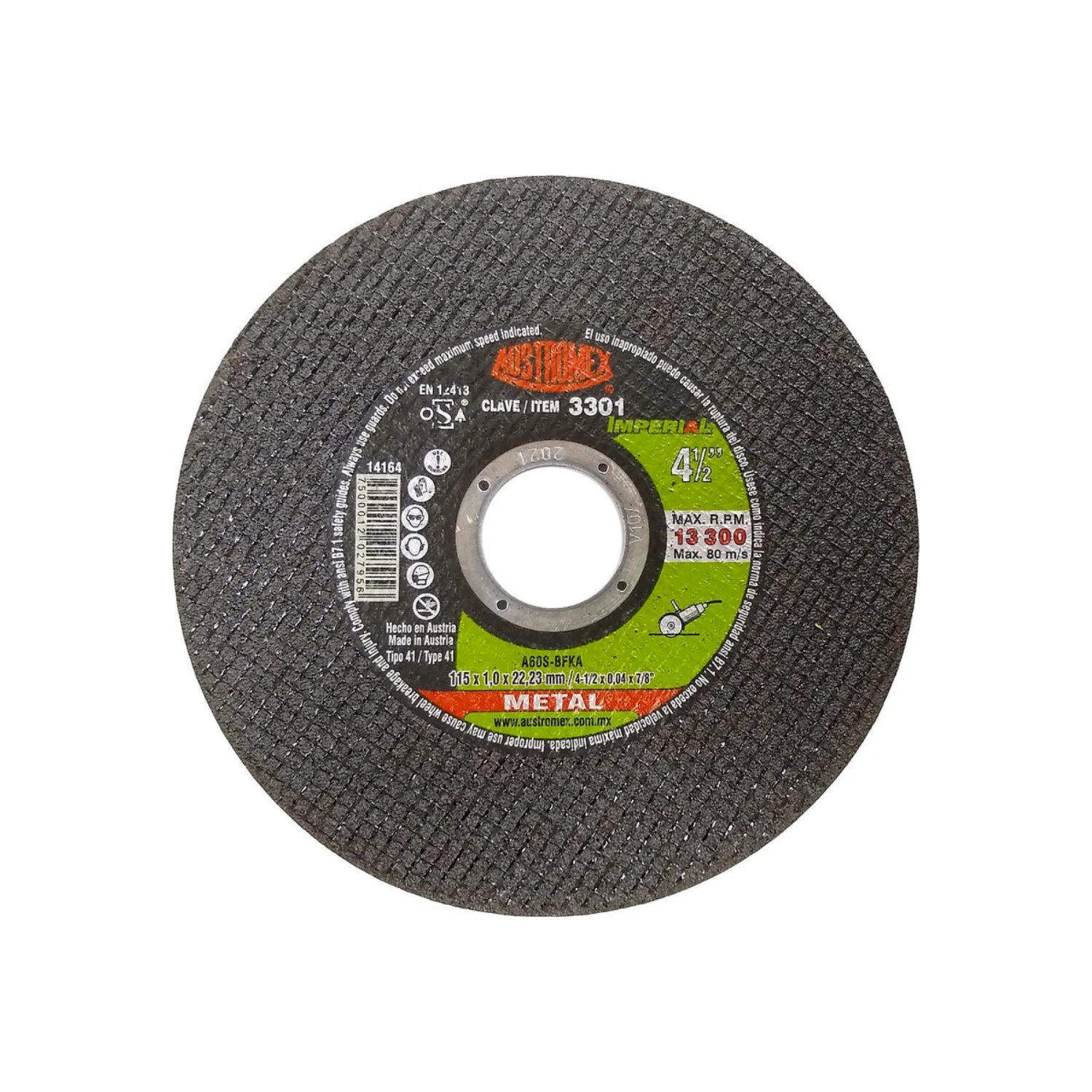 Disco de corte abrasivo Austromex para metal 4 1/2" (115mm) modelo 3301, 13300 RPM, uso industrial