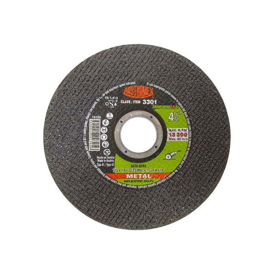 Disco de corte abrasivo Austromex para metal 4 1/2" (115mm) modelo 3301, 13300 RPM, uso industrial