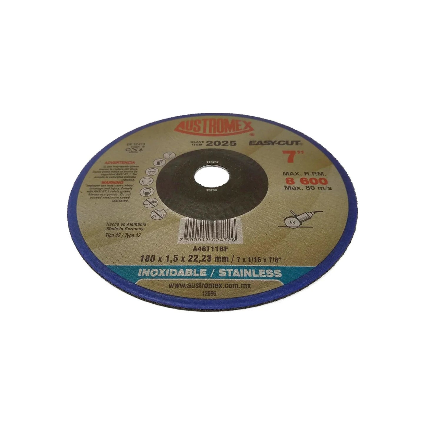 Disco de corte Austromex 2025 Easy-Cut 7" (180x1.5mm) para acero inoxidable, 8600 RPM, borde azul.