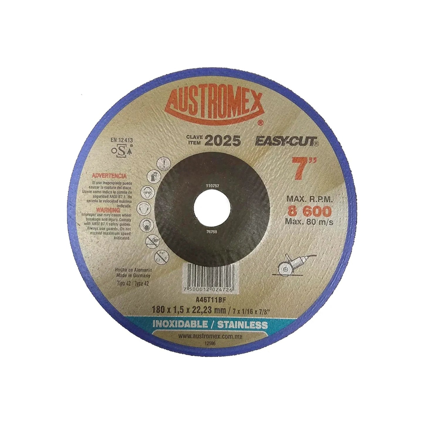 Disco de corte Austromex 2025 EASY-CUT 7" (180mm) para acero inoxidable y metales, 8600 RPM