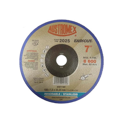 Disco de corte Austromex 2025 EASY-CUT 7" (180mm) para acero inoxidable y metales, 8600 RPM