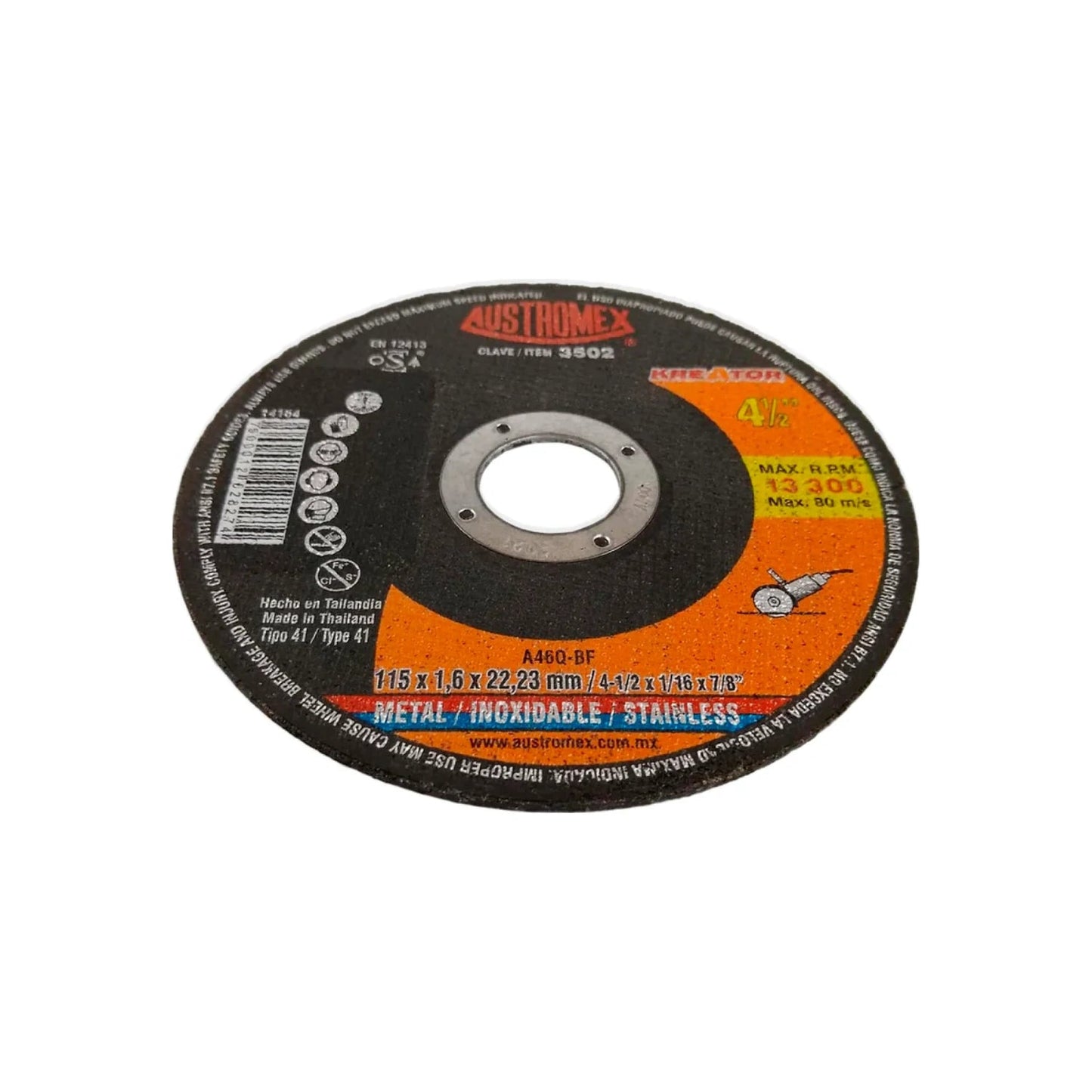 Disco de corte Austromex 3502 de 4 1/2" (115mm) para acero inoxidable y metal, 1.6mm de grosor, 13300 RPM.