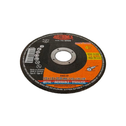Disco de corte Austromex 3502 de 4 1/2" (115mm) para acero inoxidable y metal, 1.6mm de grosor, 13300 RPM.