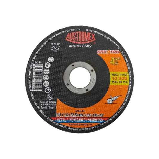 Disco de corte Austromex 3502 4 1/2" para metal y acero inoxidable, 1.6mm de espesor, 13300 RPM.