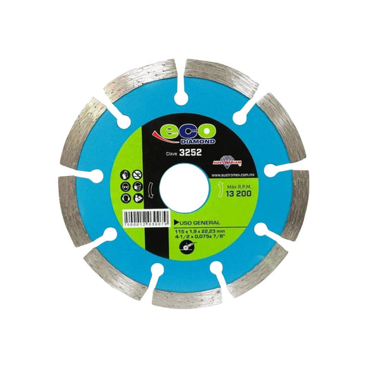 Disco de corte diamantado segmentado Austrodiam ECO 4 1/2 pulgadas para uso general, 13200 RPM.