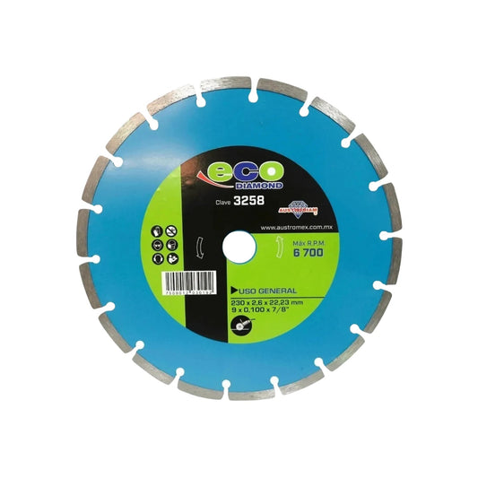Disco diamantado segmentado Austrodiam ECO 3258 azul 9" para corte de concreto y uso general, 6700 RPM