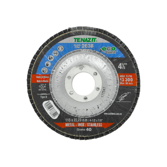 Disco laminado Tenazit 4 1/2" grano 40 para pulir y desbastar metal e inoxidable. Max 13300 RPM.