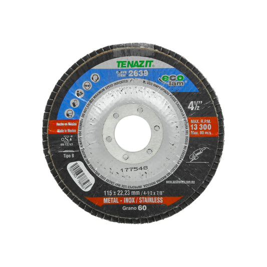 Disco laminado Tenazit 4 1/2" grano 60 para metal y acero inoxidable 13300 RPM