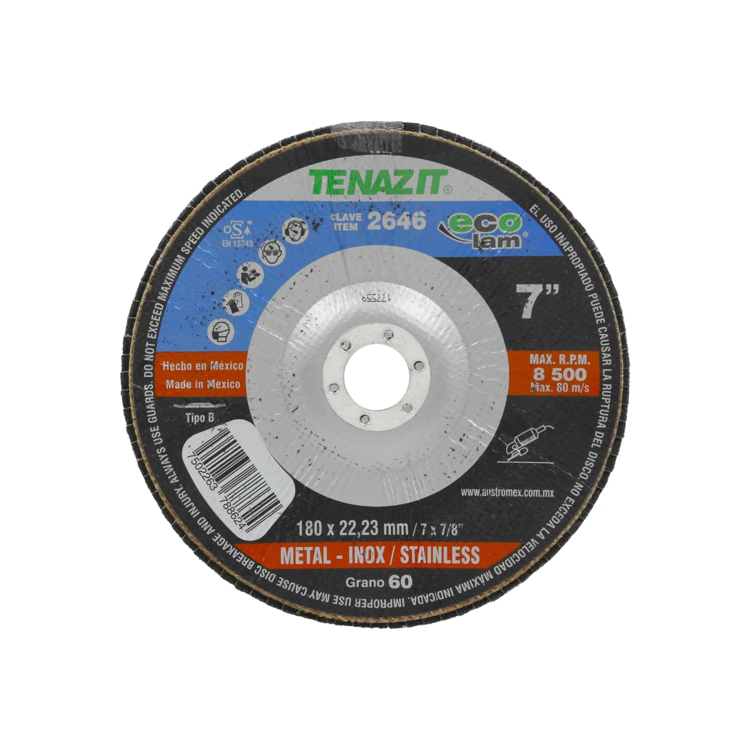 Disco laminado Tenazit 7 pulgadas grano 60 para desbaste de metal e inoxidable 180mm