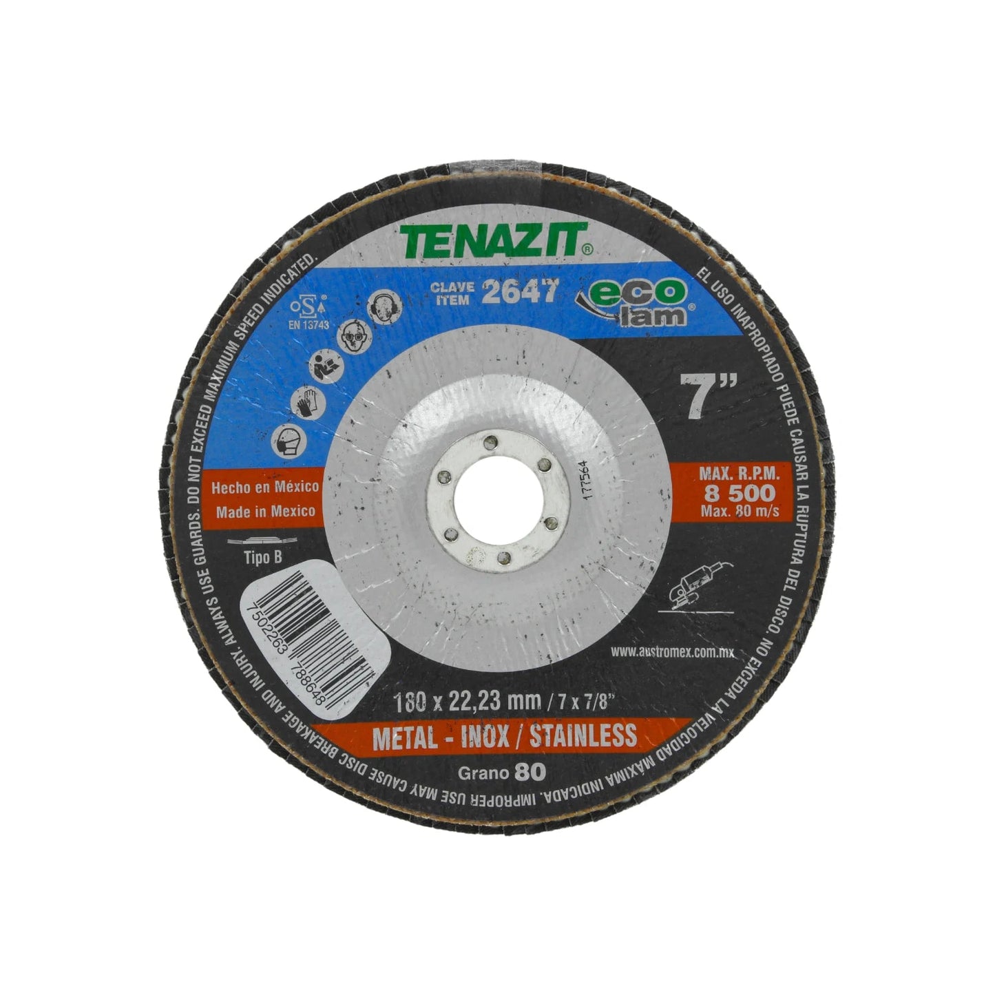 Disco laminado Tenazit 2647 para esmeriladora, metal e inox, 7 pulgadas, grano 80.