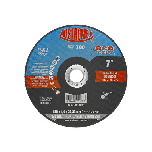 Disco de corte Austromex Eco Cut 7 pulgadas para metal y acero inoxidable 180 x 1.6 x 22.23 mm tipo 41 extra fino