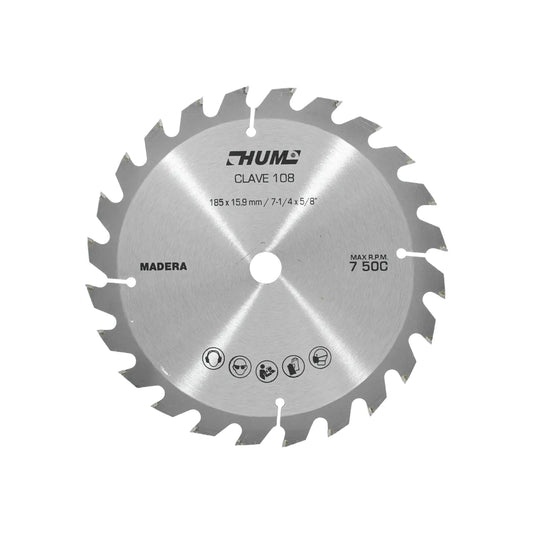 Disco de sierra circular HUM 7-1/4 para madera de 24 dientes con puntas de carburo y 7500 RPM máximas.