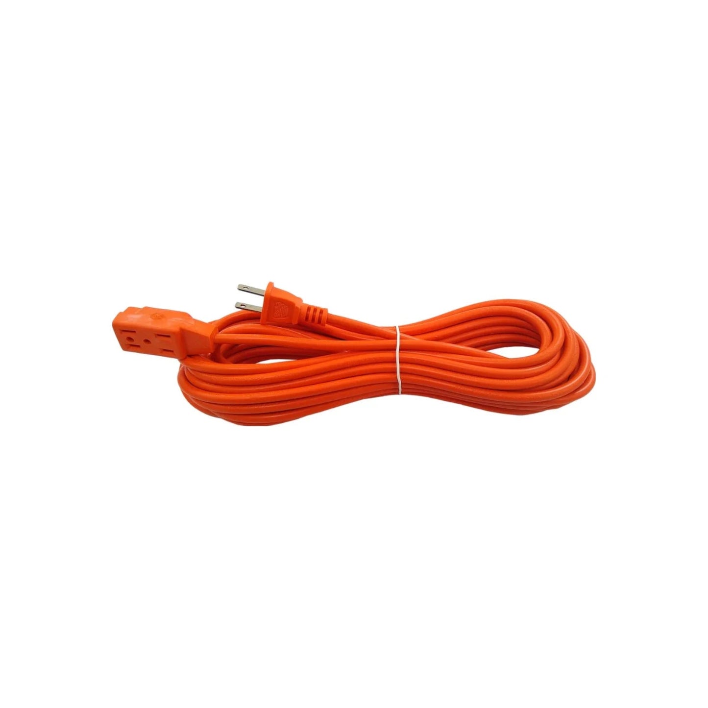 Extensión eléctrica naranja enrollada, cable de uso rudo con enchufe macho y tomacorriente triple.