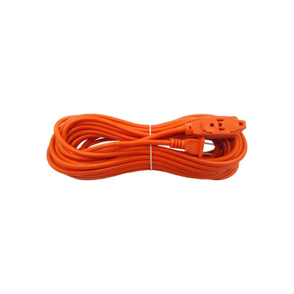 Extensión eléctrica naranja enrollada, 15 metros, uso rudo, con enchufe y 3 tomas.
