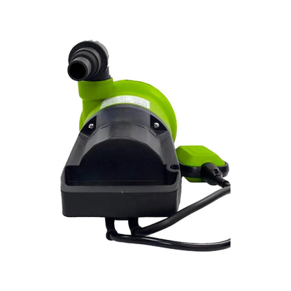 Bomba sumergible eléctrica verde y negra con flotador, ideal para drenaje y bombeo de agua.