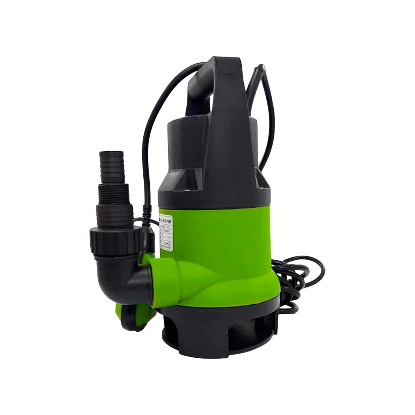 Bomba sumergible de plástico verde y negro para drenaje y achique de agua, con asa de transporte.