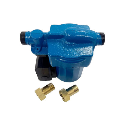 Bomba presurizadora de agua color azul con conexiones de latón para sistemas de presión domésticos