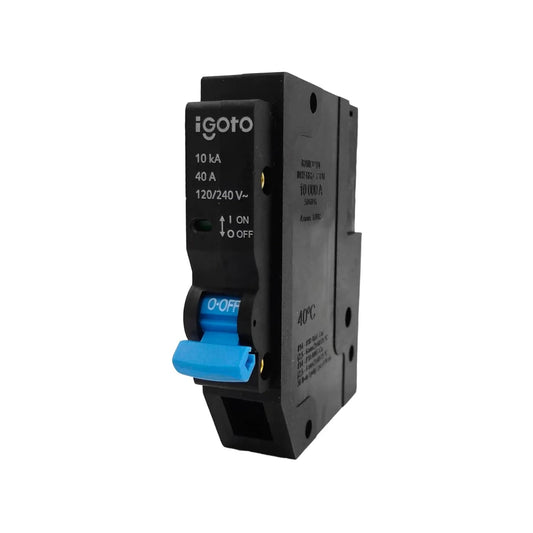 Breaker Igoto 40 amperios, 120/240V, 10kA, negro con palanca azul, para protección eléctrica.