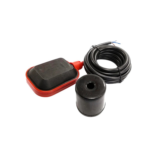 Flotador eléctrico Igoto negro y rojo con cable y contrapeso para control de nivel de agua.