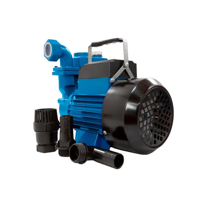 Bomba periférica autocebante eléctrica azul con motor y accesorios para instalación de agua.