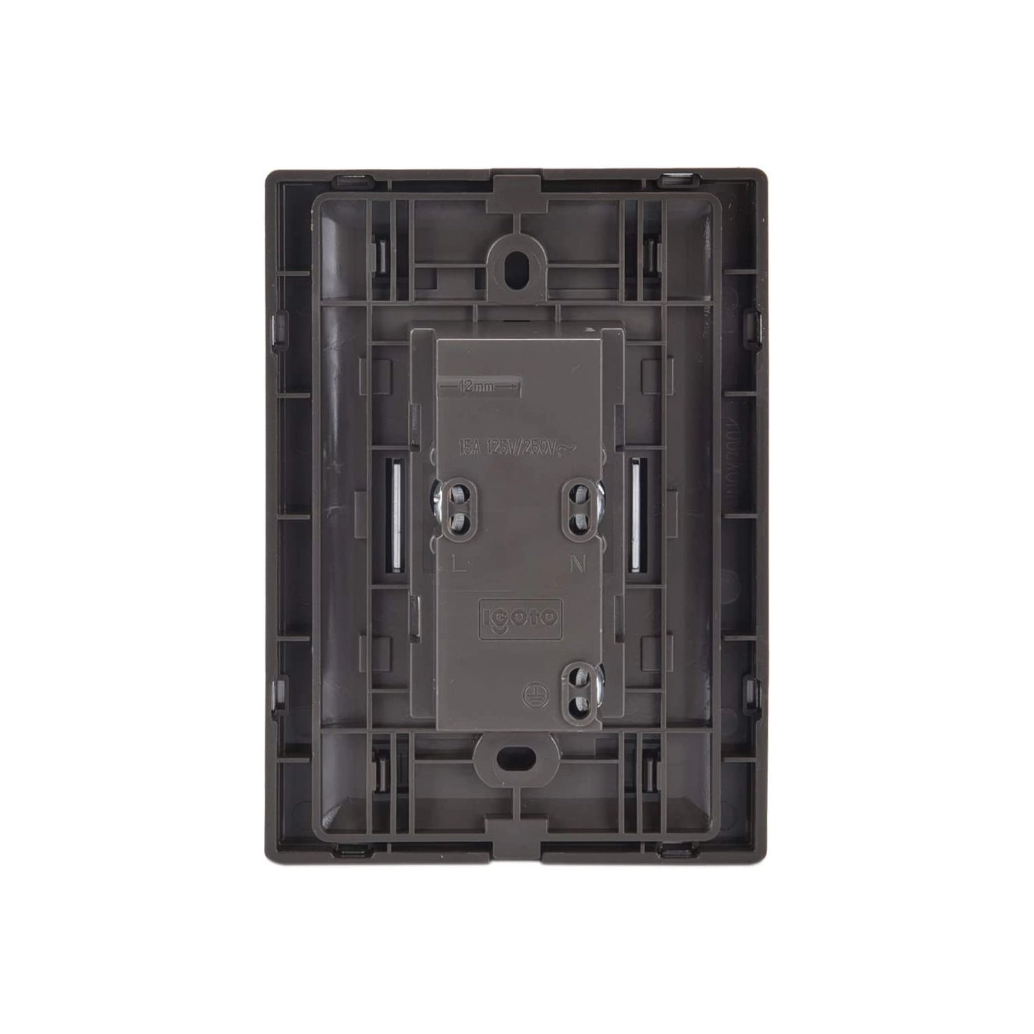 Placa eléctrica doble Igoto 15A 125V/250V, reverso con terminales L y N, color gris oscuro, para cableado.