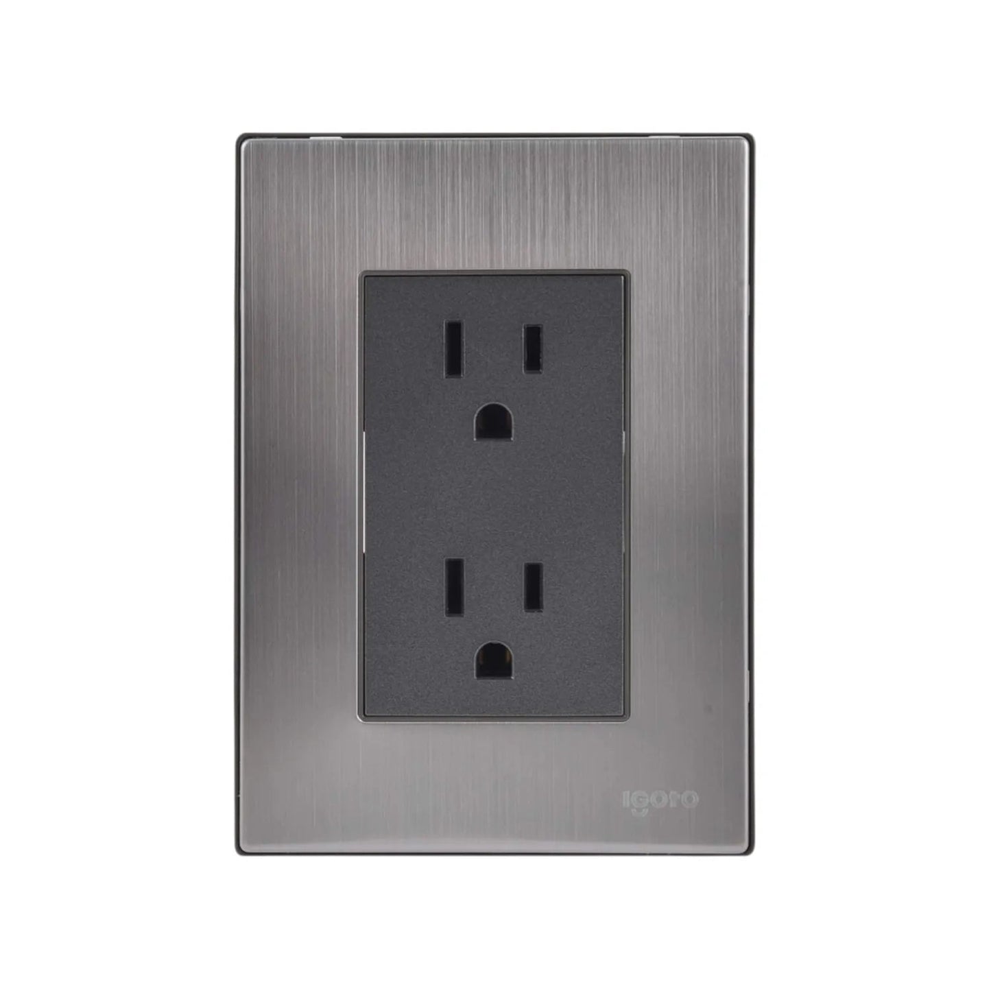 Placa de pared con dos contactos eléctricos dúplex Igoto, acabado acero inoxidable cepillado color plata.