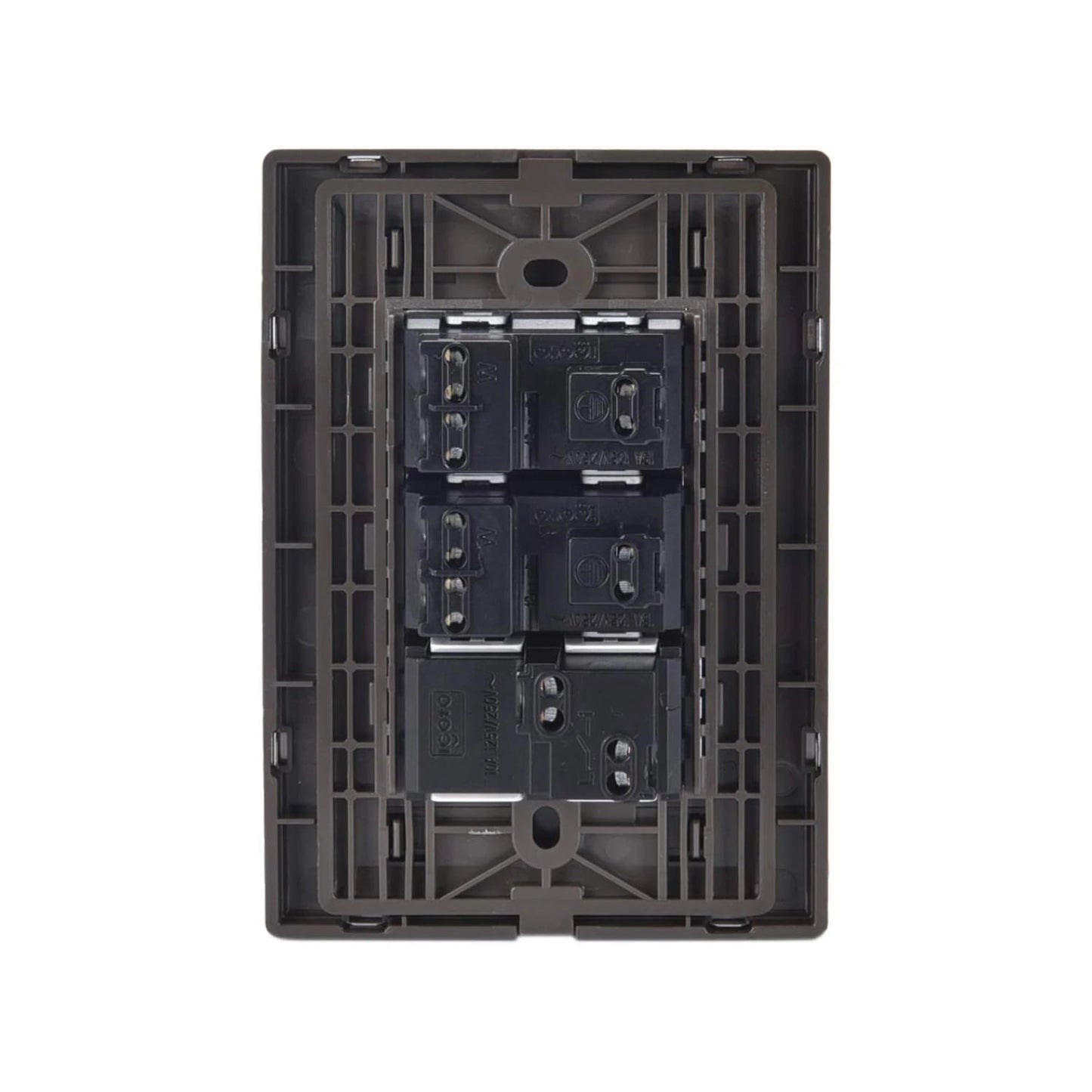 Vista trasera de placa eléctrica modular Igoto café/bronce con cuatro componentes, compatible con apagadores y contactos 10A 125V/250V.