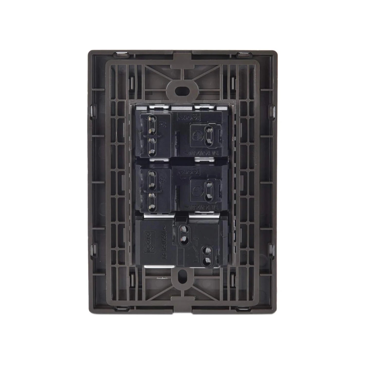 Vista trasera de placa eléctrica modular Igoto café/bronce con cuatro componentes, compatible con apagadores y contactos 10A 125V/250V.
