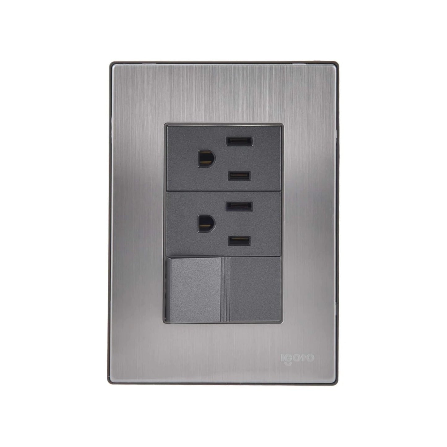 Placa eléctrica Igoro de acero inoxidable cepillado con 2 contactos y 2 apagadores en gris oscuro