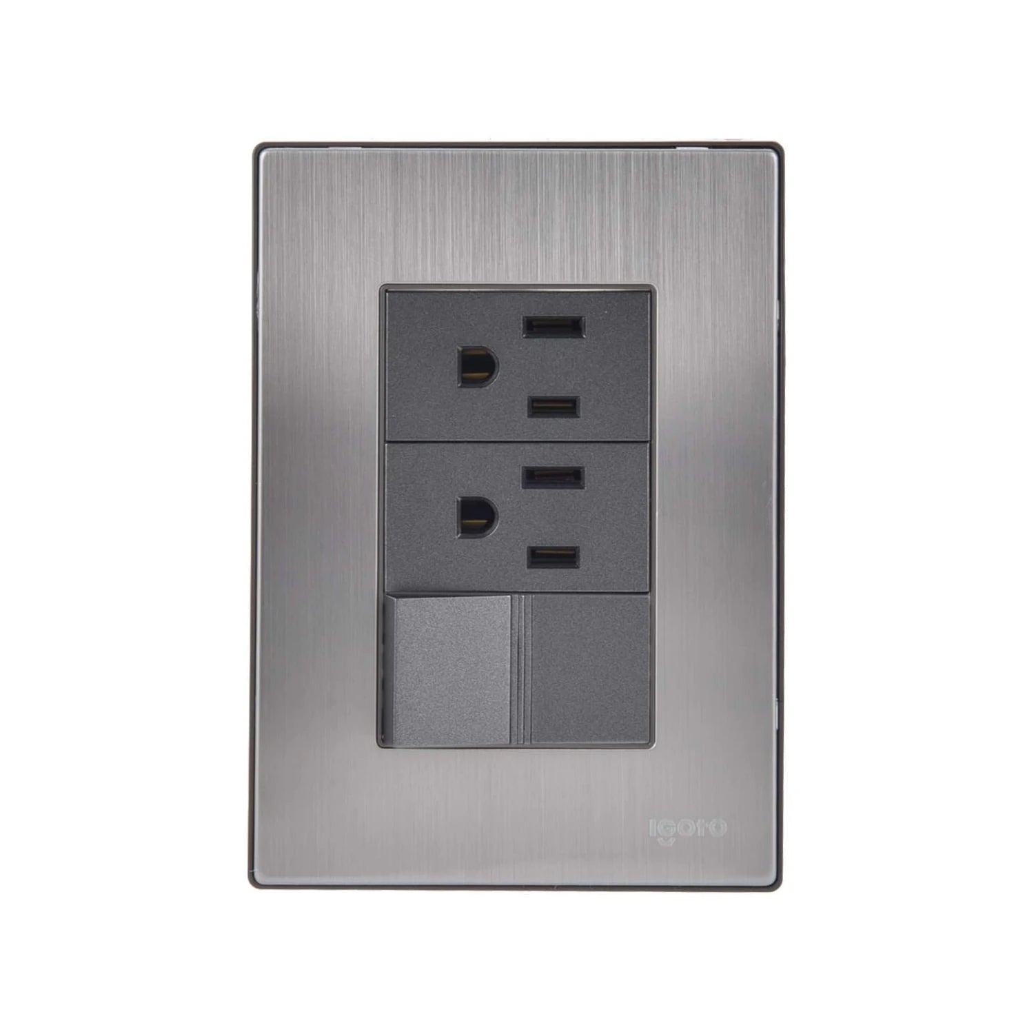 Placa eléctrica Igoro de acero inoxidable cepillado con 2 contactos y 2 apagadores en gris oscuro