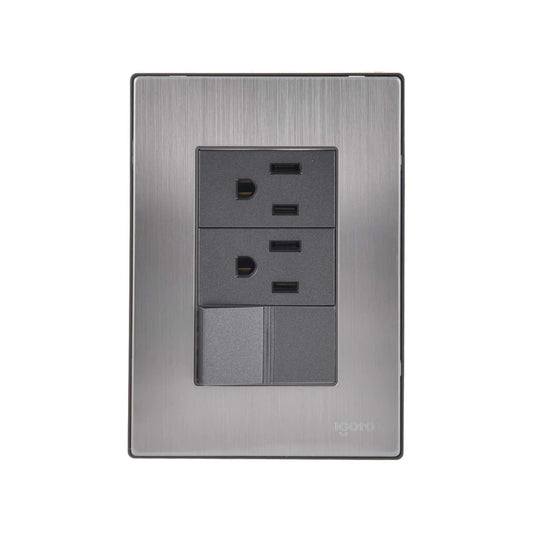 Placa eléctrica Igoro de acero inoxidable cepillado con 2 contactos y 2 apagadores en gris oscuro