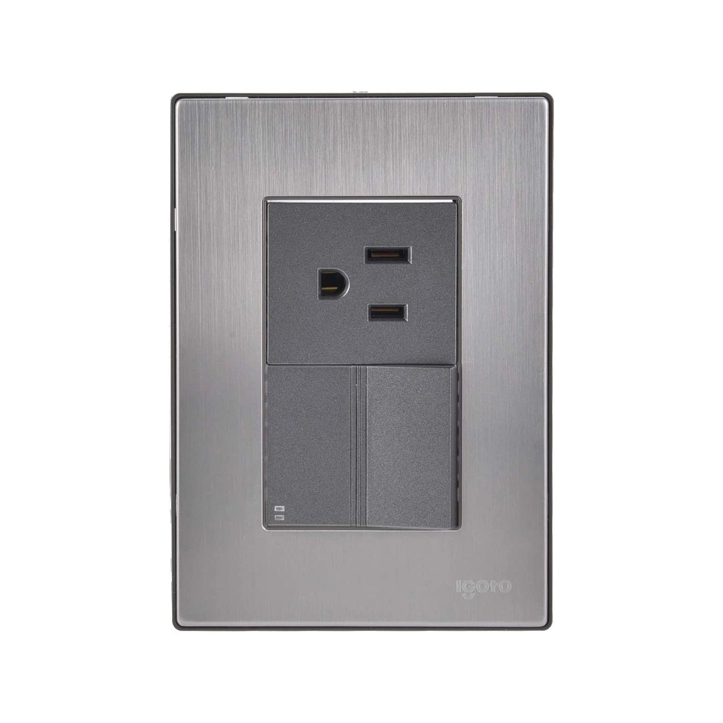 Placa eléctrica modular igoto con contacto dúplex, 2 puertos USB y 2 apagadores, acero inoxidable cepillado gris.