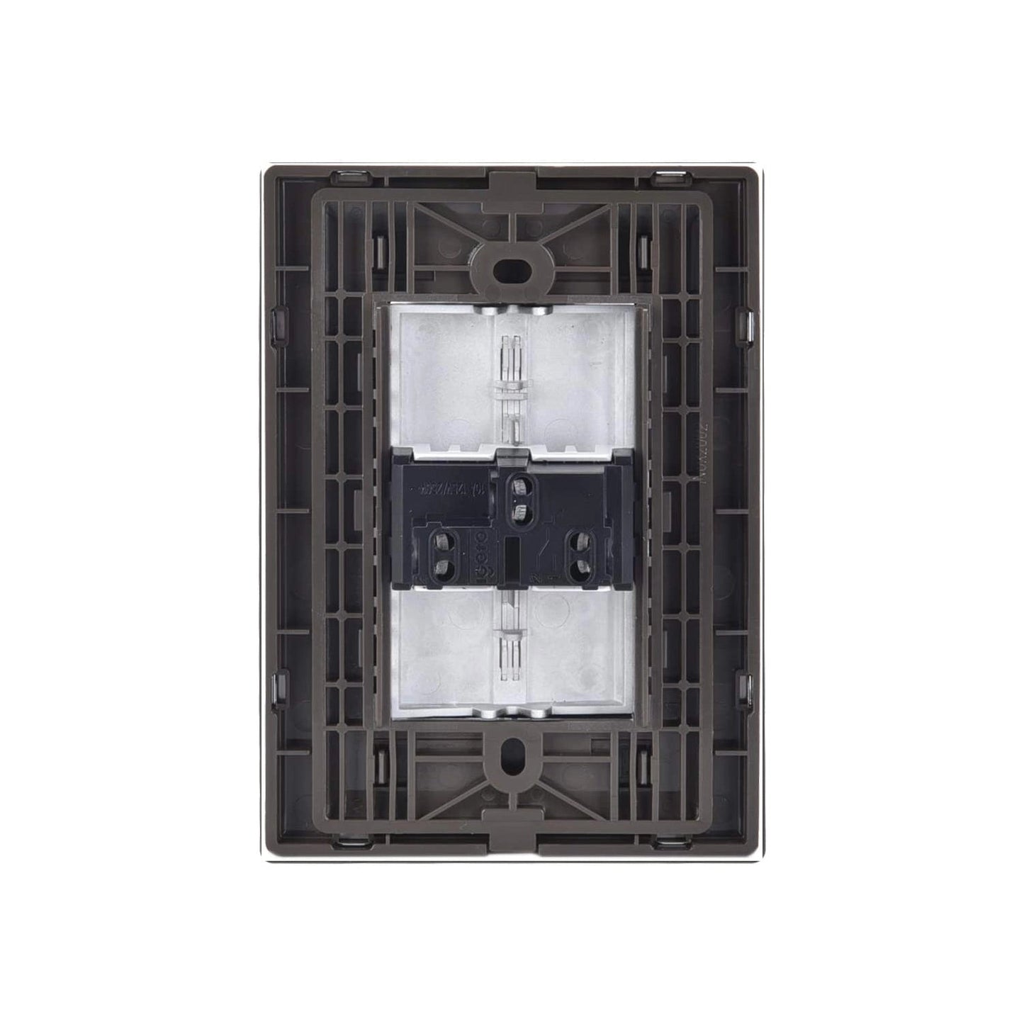 Marco modular para 2 módulos eléctricos, gris oscuro, vista trasera para montaje de apagadores y tomas.