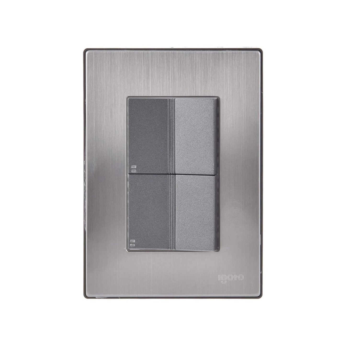 Placa Igoto para 2 apagadores escalera con 4 botones pulsadores grises, acero inoxidable cepillado.