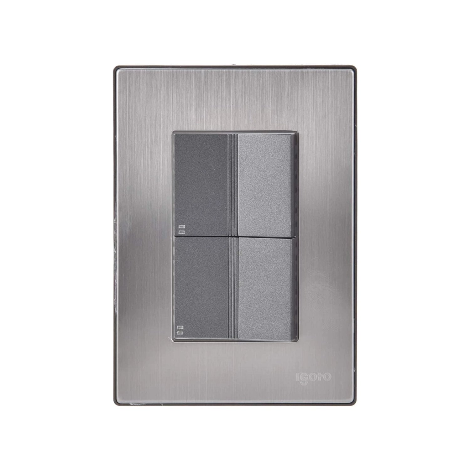 Placa Igoto para 2 apagadores escalera con 4 botones pulsadores grises, acero inoxidable cepillado.