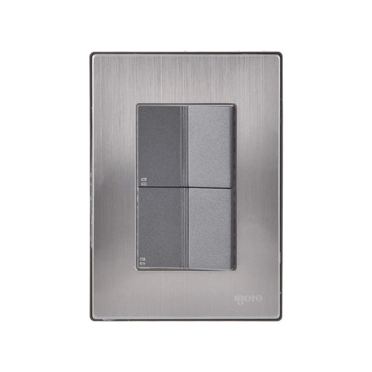 Placa Igoto para 2 apagadores escalera con 4 botones pulsadores grises, acero inoxidable cepillado.