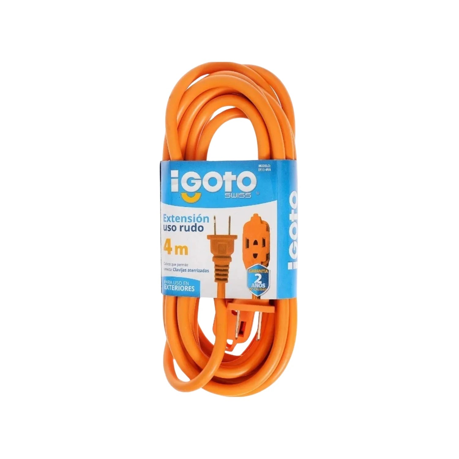 Extensión eléctrica Igoto uso rudo naranja 4 metros, clavijas aterrizadas, ideal para exteriores.