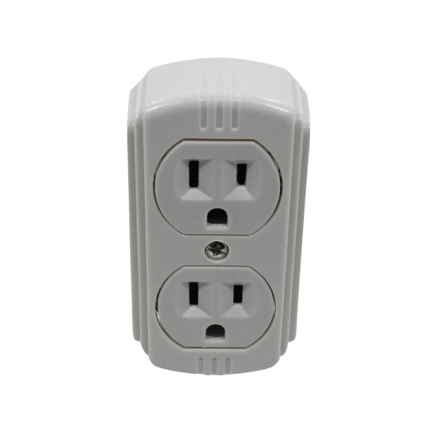 Contacto doble aterrizado blanco para instalación en pared, tomacorriente dúplex con ranura de tierra.