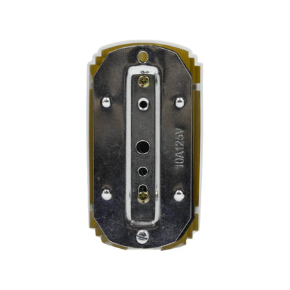 Contacto eléctrico doble aterrizado 10A 125V, vista trasera con terminales y orificios de montaje