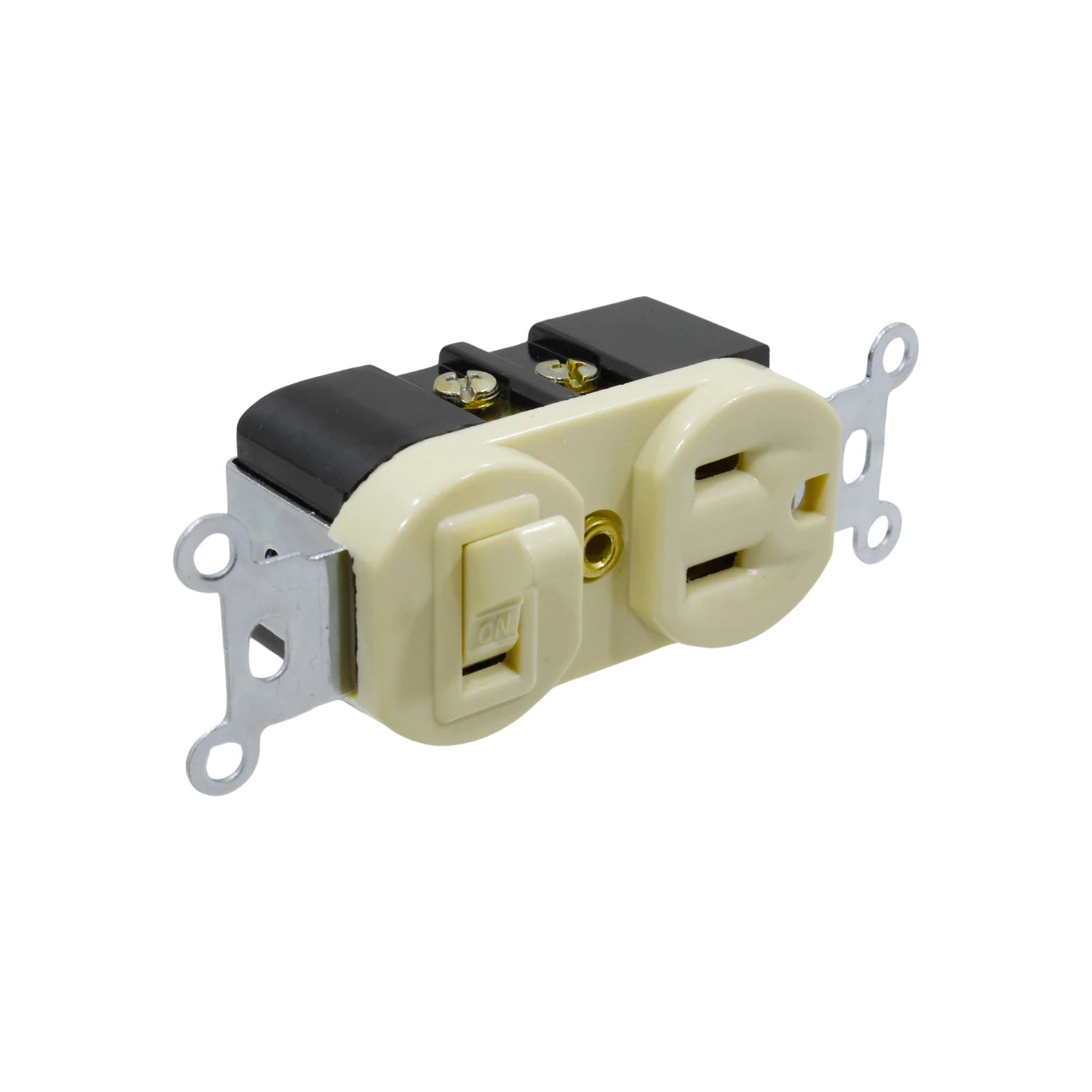 Contacto dúplex marfil con apagador de luz integrado. Salida eléctrica combinada para instalación en pared.