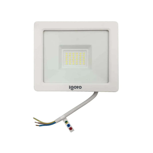 Reflector LED blanco igoro de luz fría, con cableado expuesto y LEDs brillantes para iluminación exterior.